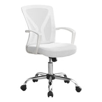 Monarch Specialties 7462 Office Chair - White/Chrome Base-Mid-back office chair with fixed armrests in white, with breathable, polyester mesh fabric in white