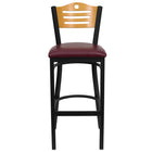 Flash Furniture HERCULES Series Black Slat Back Metal Restaurant Barstool - Natural Wood Back & Burgundy Vinyl Seat-Metal Dining Bar Stool