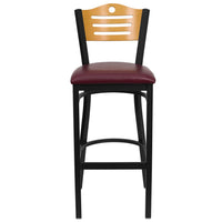 Flash Furniture HERCULES Series Black Slat Back Metal Restaurant Barstool - Natural Wood Back & Burgundy Vinyl Seat-Metal Dining Bar Stool