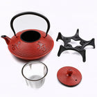 Tao Tea Leaf Large Cast Iron Tea Pot with Stand, Loose Leaf, 1.15L, Red-Stove safe, 1.15L,with stainless steel infuser