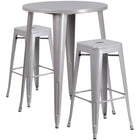 30'' Round Silver Metal Indoor-Outdoor Bar Table Set with 2 Square Seat Backless Barstools (CH-51090BH-2-30SQST-SIL-GG)-Indoor Outdoor Sets