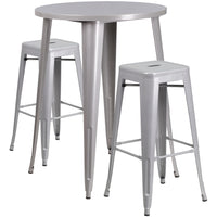 30'' Round Silver Metal Indoor-Outdoor Bar Table Set with 2 Square Seat Backless Barstools (CH-51090BH-2-30SQST-SIL-GG)-Indoor Outdoor Sets