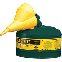Justrite Type I Safety Cans with Funnel, 2 1/2 Gal, 11 3/4" x 11 1/2", Green-Compliant Type I Safety Cans are designed with a single spout for filling and pouring of all types of flammable liquids