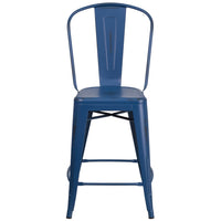 Flash Furniture 24" High Distressed Antique Blue Metal Indoor-Outdoor Counter Height Stool with Back-Bistro Style Counter Stool