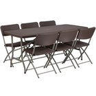 Flash Furniture 32.5"W x 67.5"L Brown Rattan Plastic Folding Table Set with 6 Chairs-Multipurpose Table Set
