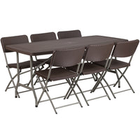 Flash Furniture 32.5"W x 67.5"L Brown Rattan Plastic Folding Table Set with 6 Chairs-Multipurpose Table Set
