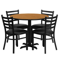 Flash Furniture 36" Round Natural Laminate Table Set with X-Base & 4 Ladder Back Metal Chairs - Black Vinyl Seat-Table and Chair Set