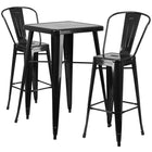 Flash Furniture 23.75" Square Black Metal Indoor-Outdoor Bar Table Set with 2 Stools with Backs-Bar Height Table and Stool Set