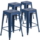 Flash Furniture Commercial Grade 24" High Backless Distressed Antique Metal Indoor-Outdoor Counter Height Stool - Blue-Set of 4 Stackable Industrial Style Modern Stools
