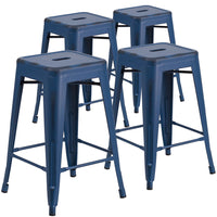 Flash Furniture Commercial Grade 24" High Backless Distressed Antique Metal Indoor-Outdoor Counter Height Stool - Blue-Set of 4 Stackable Industrial Style Modern Stools