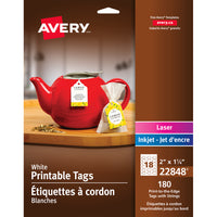 Avery White Laser/Inkjet Print-to-the-Edge Tags with Strings, 2" x 1.25", 180 Pack (22848)-Create a premium look and feel for your products with these print-to-the-edge, micro-perforated tags