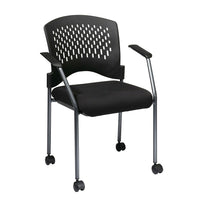 Pro-Line Visitors Chair with Arms, Casters and Ventilated Plastic Wrap Around Back, Black-Black Fabric Padded Seat
