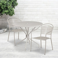 35.25'' Round Light Grey Indoor-Outdoor Steel Patio Table Set with 2 Round Back Chairs [CO-35RD-03CHR2-SIL-GG]-Set Includes Table and 2 Chairs