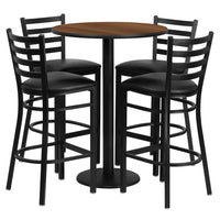 Flash Furniture 30" Round Walnut Laminate Table Set with Round Base & 4 Ladder Back Metal Barstools - Black Vinyl Seat-Bar Height Table and Stool Set