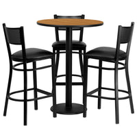 Flash Furniture 30'' Round Natural Laminate Table Set with Round Base and 3 Grid Back Metal Bar Stools, Black Vinyl Seat-Black Powder Coated Chair and Table Frame