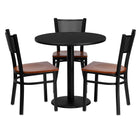 Flash Furniture 30'' Round Black Laminate Table Set with Round Base and 3 Grid Back Metal Chairs, Cherry Wood Seat-Black Powder Coated Chair and Table Frame