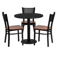 Flash Furniture 30'' Round Black Laminate Table Set with Round Base and 3 Grid Back Metal Chairs, Cherry Wood Seat-Black Powder Coated Chair and Table Frame