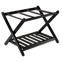 Winsome Reese Luggage Rack with shelf, Espresso-Organize and pack your luggage on this stylish luggage rack with shoe shelf.  Overall open size is 20" H. x 26.54" W. x 18.66" D.  Place luggage on top and your shoe on the bottom shelf to keep your floor clean.  Shelf size 22.91" W. x 15.75" D.  Fold for storage with 26.70" H. x 26.54" W. x 2.87" D. dimensions.  Solid wood in Dark Espresso Finish.