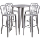 30'' Round Silver Metal Indoor-Outdoor Bar Table Set with 4 Vertical Slat Back Barstools [CH-51090BH-4-30VRT-SIL-GG]-Metal Cafe Bar Table
