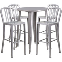 30'' Round Silver Metal Indoor-Outdoor Bar Table Set with 4 Vertical Slat Back Barstools [CH-51090BH-4-30VRT-SIL-GG]-Metal Cafe Bar Table