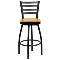 Flash Furniture HERCULES Series Black Ladder Back Swivel Metal Barstool - Natural Wood Seat-Metal Barstool