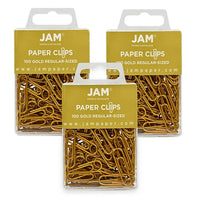 JAM Paper Coloured Standard Paper Clips, Small, Gold Paperclips, 3 Packs of 100, 300 Total (24365004)-Gold Metal
