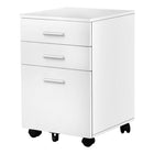 Monarch Specialties 7780 3-Drawer Filing Cabinet - White -Ample surface space for use as a printer stand, the file cabinet on wheels also boasts smooth drawer glides, 2 letter-sized drawers for books, envelopes, or other files, 1 larger cabinet drawer for legal-sized documents (drawers do not lock)