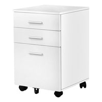 Monarch Specialties 7780 3-Drawer Filing Cabinet - White -Ample surface space for use as a printer stand, the file cabinet on wheels also boasts smooth drawer glides, 2 letter-sized drawers for books, envelopes, or other files, 1 larger cabinet drawer for legal-sized documents (drawers do not lock)
