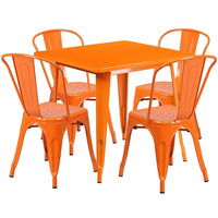 Flash Furniture 31.5'' Square Orange Metal Indoor-Outdoor Table Set with 4 Stack Chairs (ET-CT002-4-30-OR-GG)-Galvanized Steel, Metal, Rubber