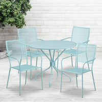 35.25'' Round Sky Blue Indoor-Outdoor Steel Patio Table Set with 4 Square Back Chairs [CO-35RD-02CHR4-SKY-GG]-Set Includes Table and 4 Chairs