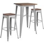 Flash Furniture 23.5" Square Silver Metal Bar Table Set with Wood Top & 2 Backless Stools-Bar Height Table and Stool Set
