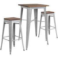 Flash Furniture 23.5" Square Silver Metal Bar Table Set with Wood Top & 2 Backless Stools-Bar Height Table and Stool Set