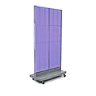 Azar Displays 32"W x 60"H 2-Sided Pegboard Floor Display with Wheeled Base, Translucent Purple (700732-PUR)-Includes Acrylic Sign Holder strip and stands on a 32" W x 6" H wheeled base