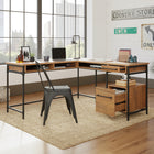 Sauder 60"W Iron City L-Desk - Checked Oak- Cubbyhole storage for desk essentials