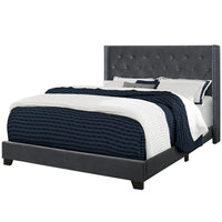 Monarch Specialties 5986Q Queen Size Bed - Dark Grey Velvet With Chrome Trim-Upholstered floor length wing back headboard, side and end rails in a rich dark grey velvet-look fabric