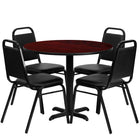 Flash Furniture 36" Round Mahogany Laminate Table Set with X-Base & 4 Black Trapezoidal Back Banquet Chairs-Table and Chair Set