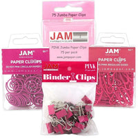 JAM Paper Office Clip Assortment Pack, Pink, 1 Binder Clips 1 Paperclips 1 Circular Cloops, 4/set (26411PIARSTD)-Assortment of Four Different Style Pink Office Clips