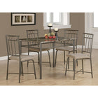 Monarch Specialties 1029 5-Piece Dining Set - Espresso Marble/Bronze Metal-The chairs that are featured echo the decorative accents of the table and also have vertical slat backs and plush cushion seats for added comfort