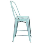 Flash Furniture 24" High Distressed Green-Blue Metal Indoor-Outdoor Counter Height Stool with Back-Curved Back with Vertical Slat
