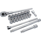 Dynamic Tools 3/4" Drive 20 Piece 12 Point, Standard Length, Metric Socket Set, 19mm - 36mm-Contains: 19, 20, 21, 22, 23, 24, 25, 26, 27, 28, 29, 30, 32, 35, 36mm, 4" Extension, 8" Extension, 16" Extension, Flex Handle, 24 Tooth Ratchet