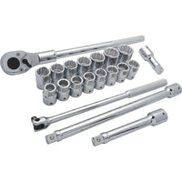 Dynamic Tools 3/4" Drive 20 Piece 12 Point, Standard Length, Metric Socket Set, 19mm - 36mm-Contains: 19, 20, 21, 22, 23, 24, 25, 26, 27, 28, 29, 30, 32, 35, 36mm, 4" Extension, 8" Extension, 16" Extension, Flex Handle, 24 Tooth Ratchet
