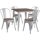 Flash Furniture 31.5" Square Silver Metal Table Set with Wood Top and 4 Stack Chairs-Silver/Galvanized Steel, Metal, Plastic, Rubber, Wood