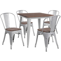 Flash Furniture 31.5" Square Silver Metal Table Set with Wood Top and 4 Stack Chairs-Silver/Galvanized Steel, Metal, Plastic, Rubber, Wood