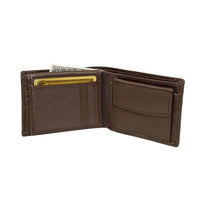 Ashlin Leather Brayson Men's Wallet, Dark Brown-Men's bi-fold wallet with credit card pockets. Inside has 4 & 4 credit card pockets, change purse & flip-up ID section
