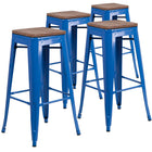 Flash Furniture 30" High Backless Metal Barstool with Square Wood Seat - Blue-Set of 4 Stackable Industrial Style Modern Stools