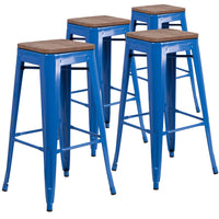Flash Furniture 30" High Backless Metal Barstool with Square Wood Seat - Blue-Set of 4 Stackable Industrial Style Modern Stools