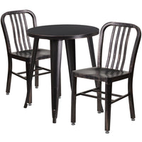 24'' Round Black-Antique Gold Metal Indoor-Outdoor Table Set with 2 Vertical Slat Back Chairs [CH-51080TH-2-18VRT-BQ-GG]-Metal Cafe Table