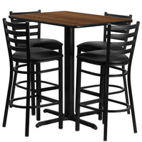 Flash Furniture 24"W x 42"L Rectangular Walnut Laminate Table Set with 4 Ladder Back Metal Barstools - Black Vinyl Seat-Bar Height Table and Stool Set