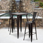Flash Furniture 23.75" Square Black-Antique Gold Metal Indoor-Outdoor Bar Table Set with 2 Stools with Backs-Set Includes Table and 2 Stools