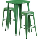 30'' Round Green Metal Indoor-Outdoor Bar Table Set with 2 Square Seat Backless Barstools (CH-51090BH-2-30SQST-GN-GG)-Indoor Outdoor Sets